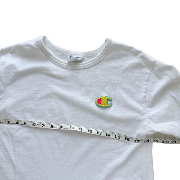 Champion Small Thick White Cotton Cropped Neon Logo Basic T-Shirt - Picture 7 of 8